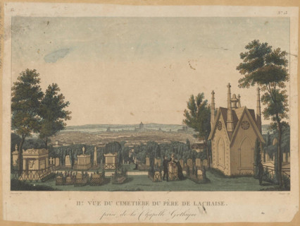 English: View of Pere-Lachaise Cemetery from the Gothic Chapel, engraved by Guiguet Français: Vue du cimetière du Père-Lachaise depuis une chapelle Gothique, gravée par Guiguet . between 1810 and 1830...