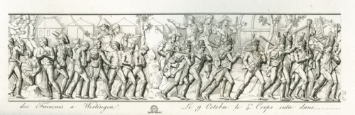 Colonne Vendôme : Le 8 octobre 1805, entrée des Français à Wertingen. Le 9 octobre, le 4e corps entre dans la ville d'Augsbourg.
