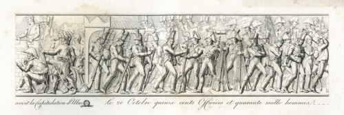 Colonne Vendôme : Le 17 octobre 1805, le maréchal Berthier reçoit la capitulation d'Ulm. Le 20 octobre, 1500 officiers et 40000 hommes sortent d'Ulm, posent les armes et se rendent en France.
