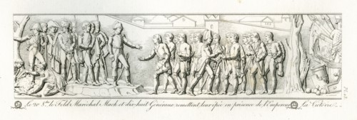 Colonne Vendôme : Le 20 octobre 1805, le feld-maréchal Mack et 18 généraux remettent leur épée en présence de l'empereur Napoléon 1er.