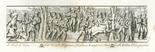 Colonne Vendôme : Le 13 novembre 1805, l'empereur Napoléon 1er, à Schönbrunn, harangue son armée. Le 14 novembre, les habitants de Vienne présentent les clefs de leur ville à l'empereur.