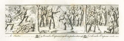 Colonne Vendôme : Le 29 novembre 1805, l'empereur Napoléon 1er congédie un parlementaire russe. Le 1er décembre, l'empereur visite ses avant-postes pendant la nuit.