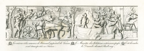 Colonne Vendôme : décembre 1805, les canons et les armures de l'arsenal impérial de Vienne sont transportés en France. Le ministre des Relations Extérieures passe le Danube devant Presbourg.