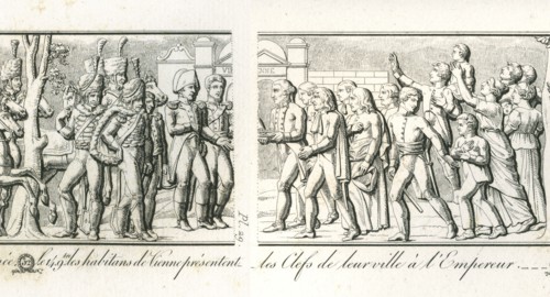 Colonne Vendôme : Le 14 novembre 1805, les habitants de Vienne présentent les clefs de leur ville à l'empereur.