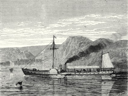 The 'Clermont', Robert Fulton's first steamboat, sailing on the Hudson river in New York at Albany