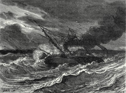 L'Élise, premier bateau à vapeur venu d'Angleterre en France, est assailli, en mer, par la tempête