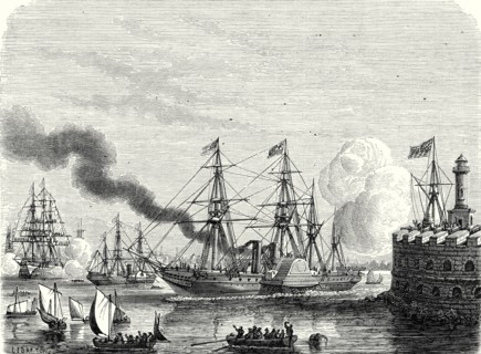 The 'Great Western' and 'Sirius' steamships entering the port of New York after crossing the