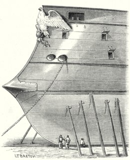 The front of a steam-propelled ironclad warship