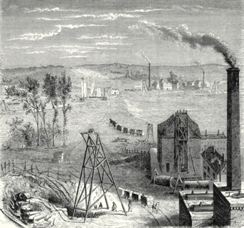 A coal mine in Newcastle, with wagons drawn by horses on wooden rails