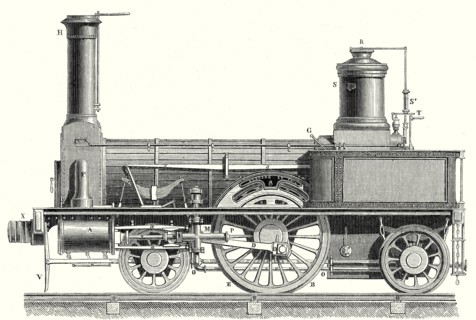 Locomotive en élévation, montrant le mécanisme moteur