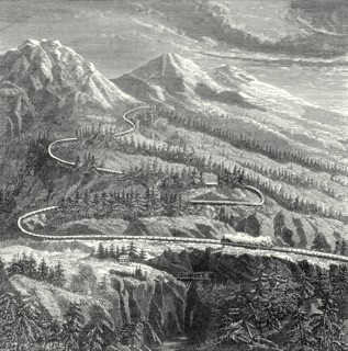 Chemin de fer à rail central, établi en 1866, sur le Mont-Cenis