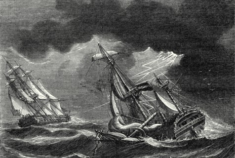 Le navire du capitaine Cook épargné, grâce à son paratonnerre, près d'un navire hollandais frappé