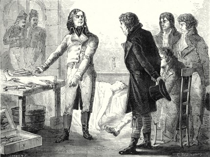 Larrey provoque, par le galvanisme, des contractions musculaires, sur un 
membre récemment amputé