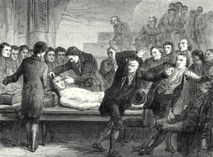 Le docteur Ure galvanisant le corps de l'assassin Clysdale