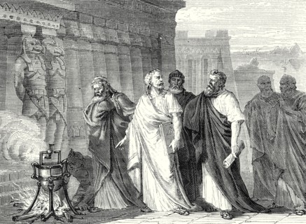 Heron performs an experiment with an aeolipile in front of the students of the School of Alexandria