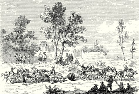 Otto von Guericke conducts the experiment of the Magdeburg hemispheres with 24 horses
