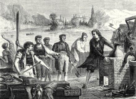 The boatmen of the Weser chop Papin's steamboat in pieces