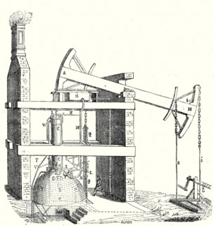 Newcomen steam engine, used in London in the eighteenth century, for the pumping up of water