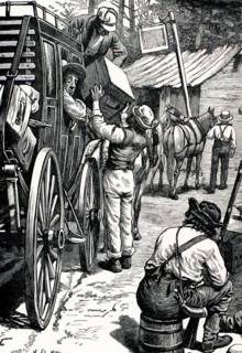 Charles Dickens, American notes, 1842, AS THE COACH STOPS, A GENTLEMAN IN A STRAW HAT LOOKS OUT OF