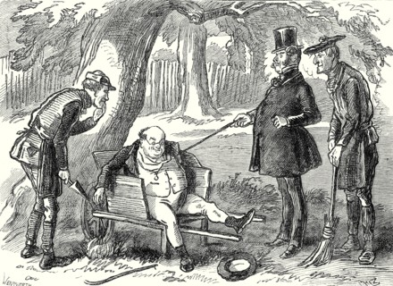 Pickwick Papers, "Who are you, you rascal?" said the captain, administering several pokes to Mr.