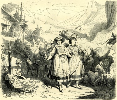 GIRLS LEADING CATTLE TO THE MOUNTAINS, Switzerland