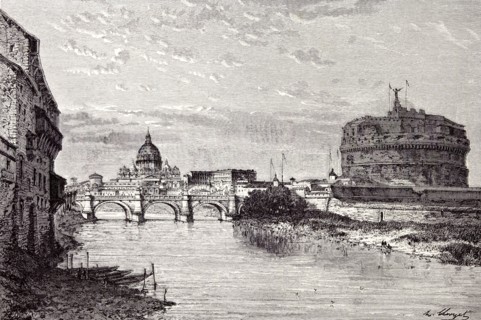 Rome Italy 1875, Mole of Adrian, banks of the Tiber between Ripetta and the Bridge od St. Angelo