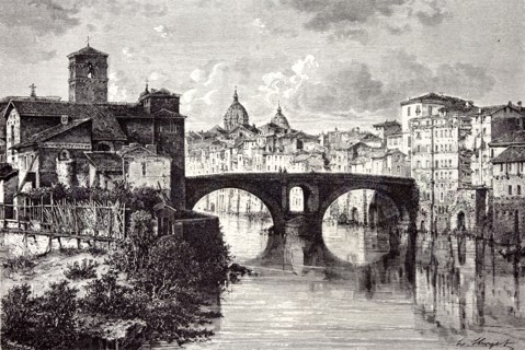 Rome Italy 1875, ISLAND OF THE TIBER,  ST.  BARTHOLOMEW, AND THE QUATTRO CAPI BRIDGE