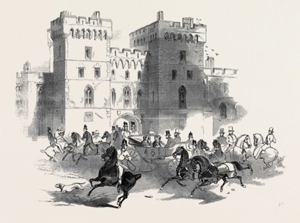 HER MAJESTY AND HER ILLUSTRIOUS VISITORS AND SUITE LEAVING WINDSOR CASTLE FOR ASCOT RACES, GREAT