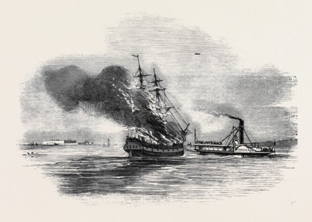 THE SHIP "LORD ASHBURTON" ON FIRE, CHARLESTON.