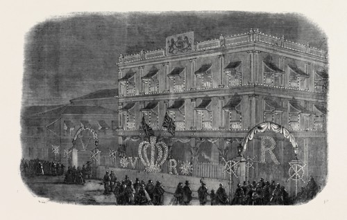 THE RESIDENCE OF SIR JAMSETJEE JEEJEEBHOY, AT BOMBAY, ILLUMINATED, FROM A PHOTOGRAPH BY MP. H.