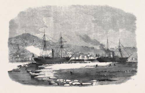THE ENGLISH AND NEWFOUNDLAND MAIL VESSELS MAKING THEIR WAY THROUGH THE ICE IN HALIFAX HARBOUR, NOVA