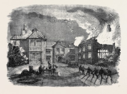 DESTRUCTION BY FIRE OF BIRDINGBURY HALL, WARWICKSHIRE, FROM A SKETCH BY MR. R.G. SWEETING, OF