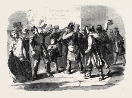 THE WAR IN ITALY, READING THE EMPEROR NAPOLEON'S PROCLAMATION, A STREET SCENE IN PARIS