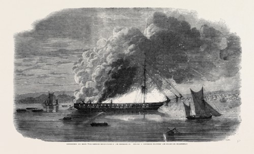 BURNING OF THE "EASTERN MONARCH" AT SPITHEAD, FROM A SKETCH TAKEN AT HASLAR HOSPITAL