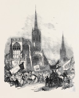 GODIVA PROCESSION AT COVENTRY FAIR, THE PROCESSION FORMING AT ST. MICHAEL'S CHURCH