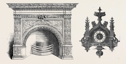 LEFT: STOVE, BY MESSRS. CARR AND ROBERTSON, SHEFFIELD; RIGHT: GOTHIC CLOCK, BY TAHAN, PARIS, THE