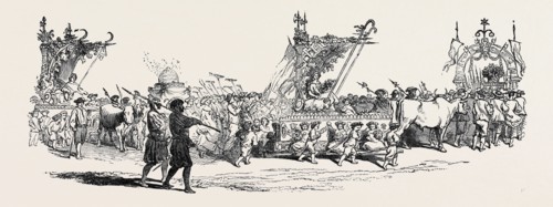 LA FETE DES VIGNERONS, AT VEVEY: ON THE LEFT CAN BE SEEN THE CAR OF CERES REPRESENTING SUMMER; ON