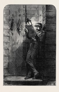 THE REVOLUTION IN SPAIN: SENTINEL READING THE NEWS AT MIDNIGHT, 1869