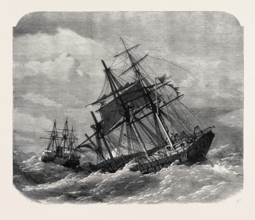 THE LATE COLLISION OFF THE LIZARD: H.M.S. TERRIBLE TOWING THE CALCUTTA INTO PLYMOUTH, 1869