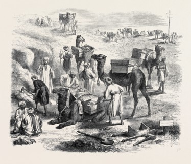 THE ISTHMUS OF SUEZ MARITIME CANAL: WORKMEN LOADING DROMEDARIES, 1869