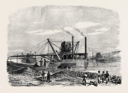 THE ISTHMUS OF SUEZ MARITIME CANAL: DREDGES AND ELEVATORS AT WORK, 1869