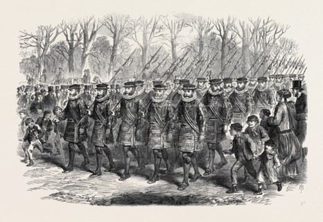 THE ROYAL DRAWINGROOM: YEOMEN OF THE GUARD MARCHING TO BUCKINGHAM PALACE, UK, 1869