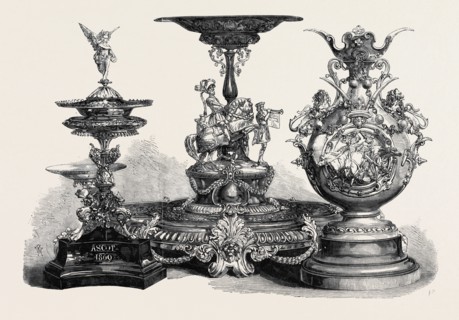 THE ASCOT RACES PRIZE PLATE: THE ROYAL HUNT CUP, LEFT; THE ASCOT CUP, CENTRE; THE QUEEN'S GOLD CUP,