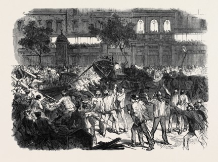 THE DISTURBANCES IN PARIS: THE MOB ATTEMPTING TO CONSTRUCT A BARRICADE ON THE BOULEVARD MONTMARTRE,