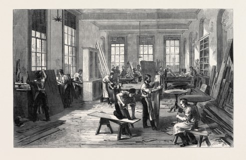 THE GUARDS' INSTITUTE, VAUXHALL BRIDGE ROAD, LONDON, THE CARPENTERS' SHOP, 1869, UK
