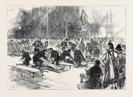 DRILL OF VOLUNTEER AMBULANCE CORPS AT GUILDHALL, 1880
