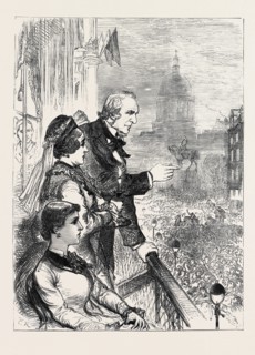 THE MIDLOTHIAN ELECTION: MR. GLADSTONE ADDRESSING THE CROWD FROM THE BALCONY OF LORD ROSEBERY'S