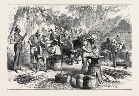 THE ASHANTEE WAR: SHARPENING CUTLASSES IN THE CAMP AT PRAH-SU, 1874