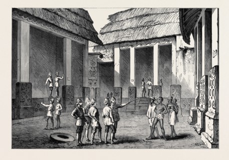 THE ASHANTEE WAR: INTERIOR OF THE ADANSI CHIEF'S PALACE AT FOMANNAH: ENGLISH OFFICERS SELECTING
