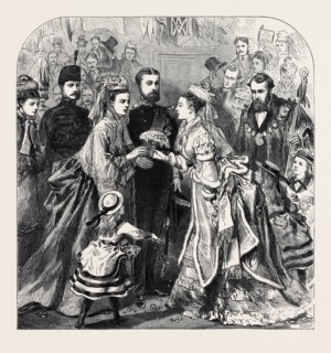ARRIVAL OF THE DUKE AND DUCHESS OF EDINBURGH AT GRAVESEND: MISS LAKE PRESENTING A BOUQUET TO THE